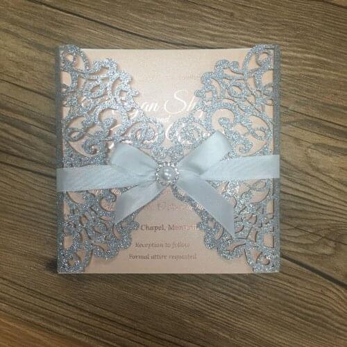 Elegant glitter silver laser cut wedding invitation card 3d handmade royal fancy invitations with hot stamping rose gold words