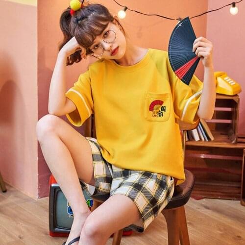 Cotton Pajamas Womens Fashion Yellow Chinese Style Short Sleeve Sleepwear Plus Size Homewear Cute Korean Summer Women Nightwear