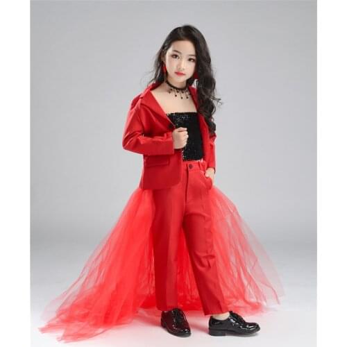 Kids Sets Red Wedding Party Birthday Costume blazer+pants+Sequined wrapped chest+trailing Sets Catwalk Model Show Girls Dress