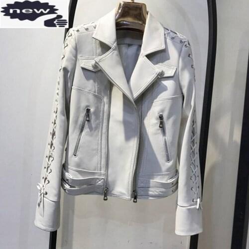 Top Quality Genuine Leather Fashionable Womens Jackets Lace Up Slim Fit Moto Biker Sheepskin Big Size Female Outerwear Coats