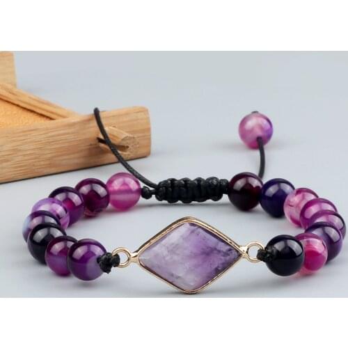Fashion 6 8MM Purple Striped Agate Beads Bracelet Oval Drop Type Rhombus Pendant Bracelets Natural Stone Braided Bangles Jewelry