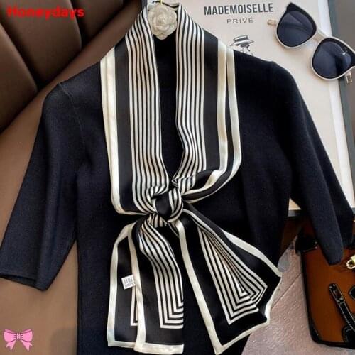 Fashion Stripe Print 100% Silk Scarf Chain Long Narrow Scarves Houndstooth Cravat Womens Decorative Hair Band Tied Bag Scarfs