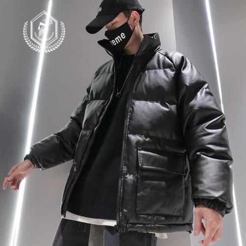Men Fashion Loose Solid Fleece Heavyweight Jacket Casual PU Leather Hip Hop Parkas Coat