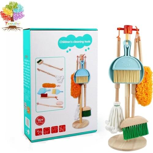 Wooden Detachable Toy Cleaning Set, Kids Cleaning Toys 6 Piece - Hanging Stand Play Kitchen Cleaning Tools for Kid Gift
