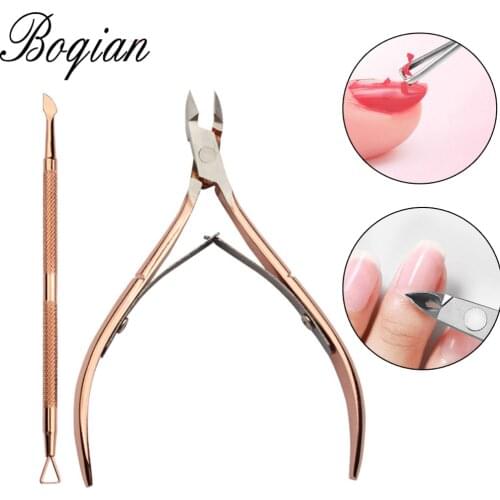 BQAN Rose Gold Cuticle Trimmer Unloading Pliers Pusher Set Stainless Steel Cuticle Peeling Scraping Tool Fader Nail Scissors