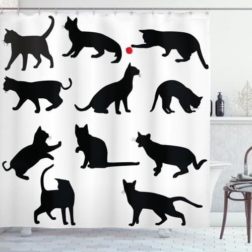Playful Cat Shower Curtain Set Kitten Silhouettes Various Poses Curtain for Bathroom Decor 12 Hooks Decorative Bath Accessory