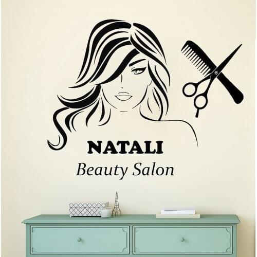 Custom Name Wall Decals Beauty Hair Salon Decor Logo Lettering Scissors Girl Woman Vinyl Decal Sticker Interior Design yw100