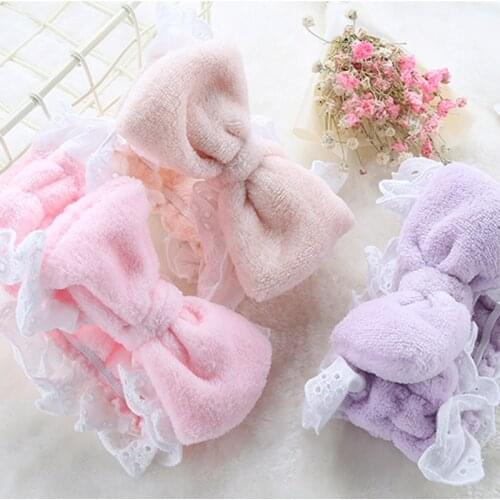 Q Lace Coral Fleece Makeup Headband Turban Girls Sweet Solid Color Bow Hair Bands Women Wash Face Hair Hoop Women Headdress