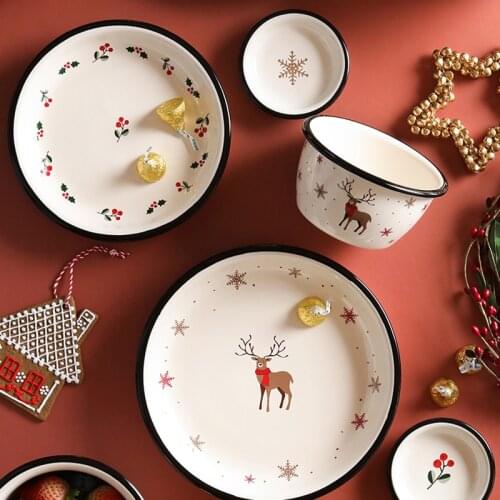 Christmas Ceramic Tableware Plates And Bowls Home Creative Retro Christmas Elk Cute Dinnerware For Fruit Dessert Bone China