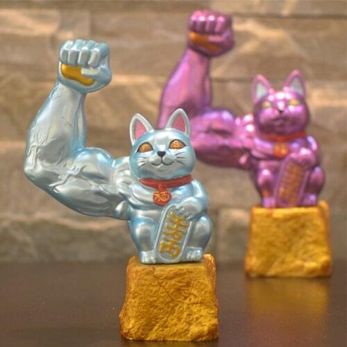 Lucky Cat Vigorously Muscle Arm Ornaments Creative Resin Cute Animal Crafts Figurines Office Shop Countertop Ornaments Home Deco