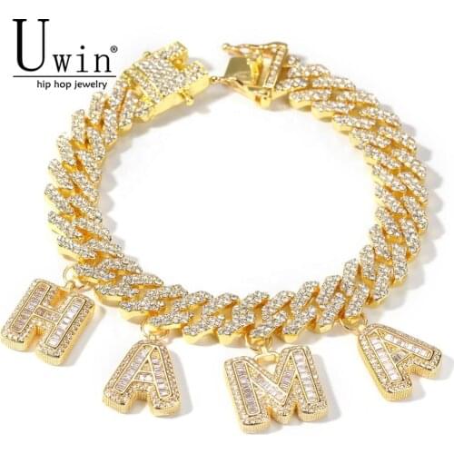 Uwin Custom S-Link Miami Cuban Link With Baguette Letters Rhinestone 12mm Bracelet Punk Hip Hop Bling Bling Hip Hop Jewelry