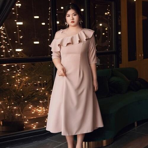 Evening Dress One-Shoulder Lace O-Neck Ruffles Half Sleeves Tea-Length A-Line Ruched Elegant Plus Size Women Formal Gowns D458