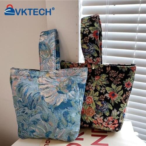 Vintage Women Flower Oil Painting Printing Canvas Shopping Bag Casual Ladies Small Tote Handbags