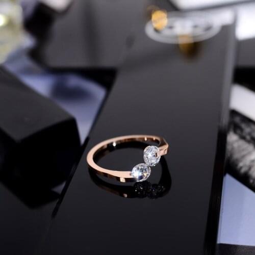 YUN RUO Fashion Double Zirconia Wedding Ring Couple Rose Gold Color Woman Birthday Gift Party Titanium Steel Jewelry Never Fade