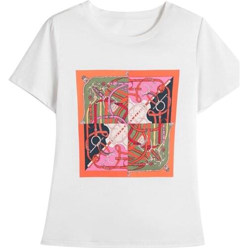 Summer Women Casual Print Patchwork Satin Shirt Fashion Tops T-shirts O-Neck Loose Short Sleeve Tshirts Large size 2021The New