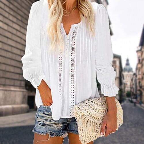 Autumn 2021 New Hollow Out Womens Shirt V Neck Solid Lantern Sleeve Casual Blouses Female Loose Top Ladies Fashion Streetwear