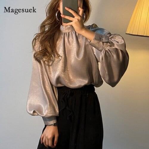 New Korean Lantern Sleeve Solid Stand Collar Shirt Fashion Smooth Blouse Women Spring Slim Office Lady Elegant Tops Blusas 12944