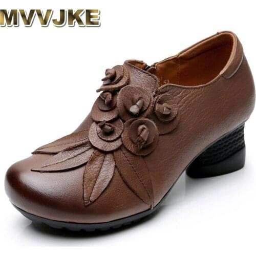 MVVJKE New Fashion Style Women Pumps Flower Ladies Platform Shoes Woman Round Toe Square Heels