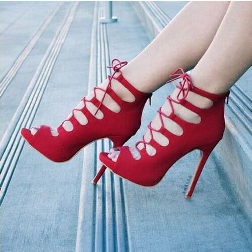 Women Booties Red Black Stretch Fabric Peep Toe Lace-up Ankle Boots Cut-out Gladiator Autumen Boots High Heels Plus Size
