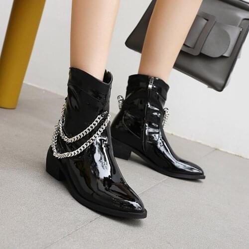 Women Zipper Square Heel Ankle Boots Autumn Winter Fashion Western Boots Ladies Comfort Pointed Toe Chain Short Boots Black 39