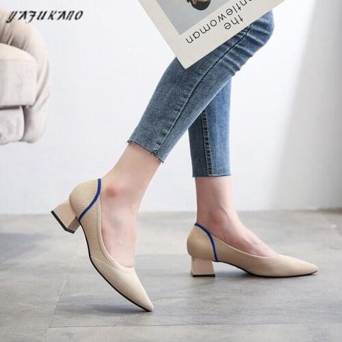 4 Cm Mid Heel High Heels Knit Mesh Breathable Square Heel Women Pumps Mixed Colors Elegant Lady Work Single Shoes Party Dress