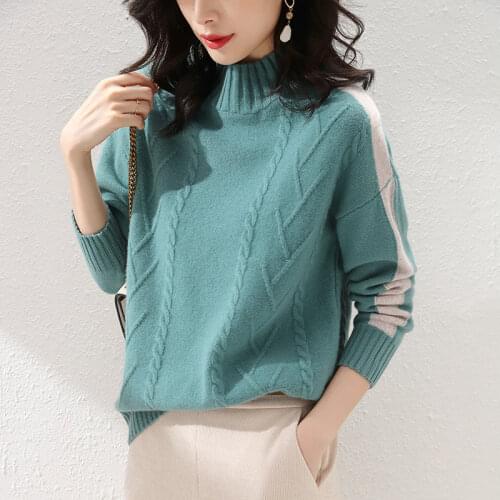 Ladies' New Cashmere Sweater Half High Collar Autumn Winter 100% Pure Wool Knit Pullover Base Shirt Large size Warm Womens