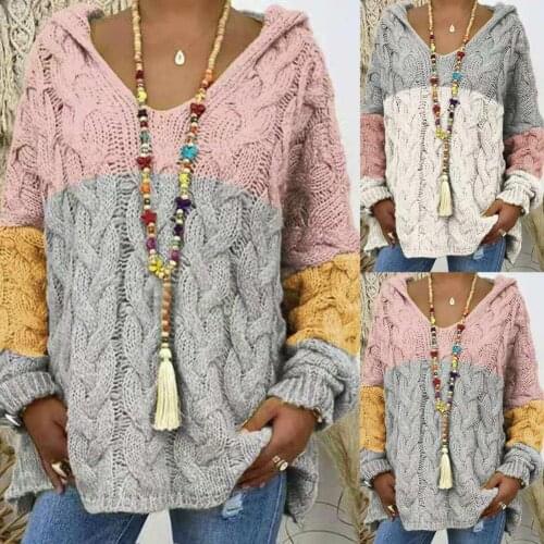 Women Fashion Color Blocking Long Sleeve Knitting Pullover Sweater Blouse Coat