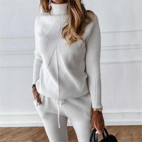 TYHRU Autumn Winter Womens tracksuit Solid Color Striped Turtleneck Sweater and Elastic Trousers Suits Knitted Two Piece Set