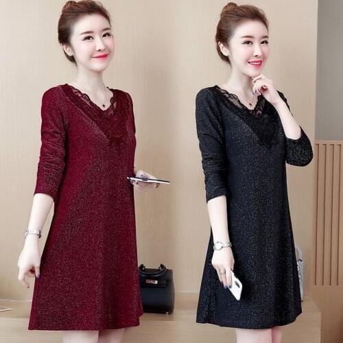 L-5XL Big Size Office Lady Casual Embroidery Party Loose V-neck Long Sleeve Plus Size Autumn Wine Red Black Elegant Woman Dress