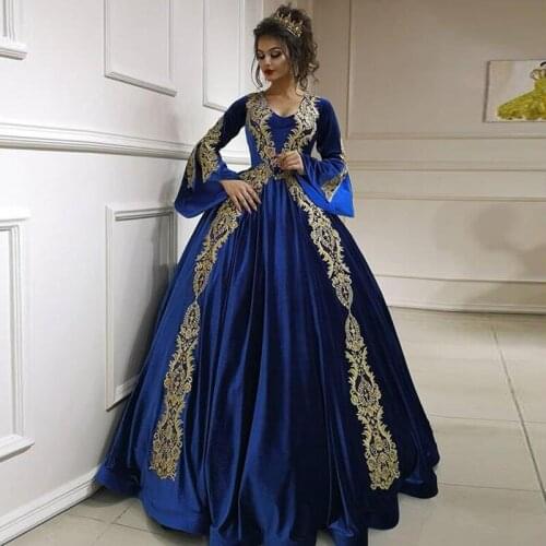 Eightae Royal Blue Evening Dresses V Neck Appliques Flare Sleeves Velvet Saudi Arabic Dubai Morocco Kaftan Prom Party Gown