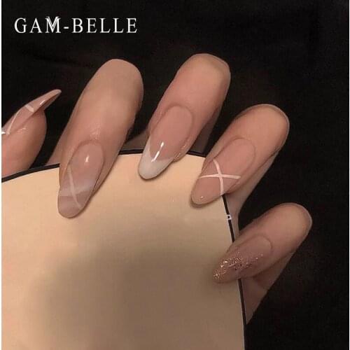 GAM-BELLE Fake Nails Glitter White Stripe Pattern French Artificial Press On Nails Tips Full Cover Nail Art Tools Manicure Tools