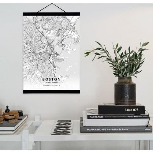 Boston, United States City Map Wooden Framed Canvas Painting Home Decor Wall Art Print Pictures Poster Hanger