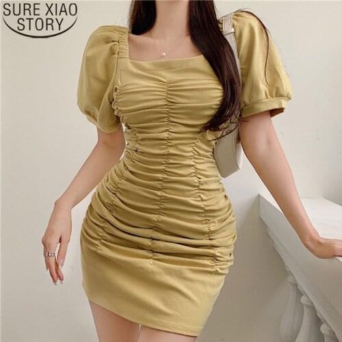Korean Summer Mini Dress Square Collar Pleated Sexy Dresses 2021 Short Sleeve Yellow Black Party Dress Elastic Clothing 14573