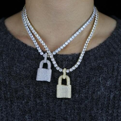 Iced Out Hip Hop Lock Pendant Necklace With Bling Cz Paved 5mm Tennis Chain Necklace Jewelry Wholesale For Women Girl Party Gift