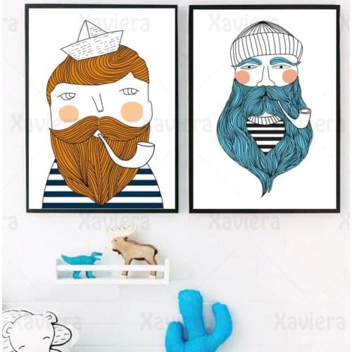 Cartoon Sailor Beard Tobacco Pipe Illustration Poster Wall Art Canvas Painting Creative Poster and Print Wall Picture Home Decor