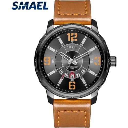 SMAEL Gentleman Style Business Model Quartz Mens Watches Leather Bracelet Waterproof Automatic Date Update