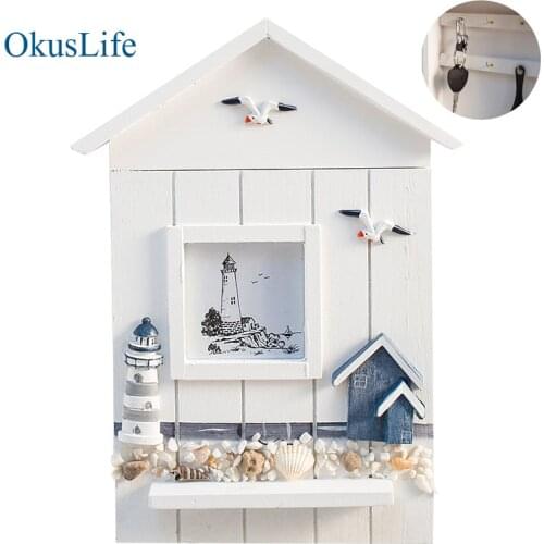 Wall Hanging Creative Wood House Marine Theme Key Collection Box For Home Decoration 6 Hooks Shelf Holder Small Tool Rack
