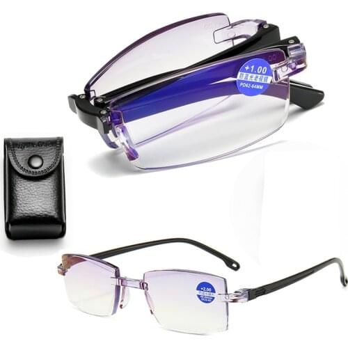 Folding Anti Blue Light Reading Glasses Rimless Diamond Cut Fashion Presbyopia Eyeglasses Diopter +1.0 1.5 2.0 2.5 3.0 3.5 +4.0