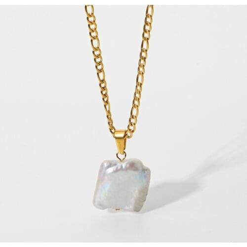 Baroque Glossy natural freshwater Pearl Pendant Neckalce Gold Plated Stainless Steel Cuban Chain Necklace