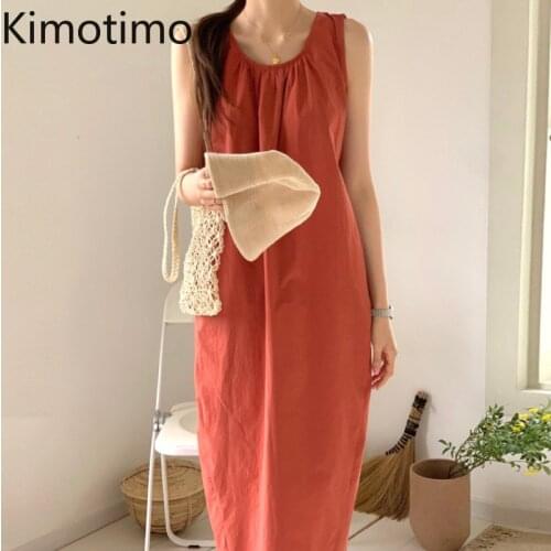Kimotimo Summer Sleeveless Tank Dress Women Korean Minority Elegant O-neck Drawstring Belt Backless Folds Loose Long Dresses
