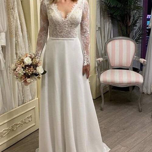 Sexy A-Line Lace Wedding Dress 2021 Appliques V-Neck Long Sleeve Zipper Satin Backless Elegant Bride Gown Vestidos De Noiva