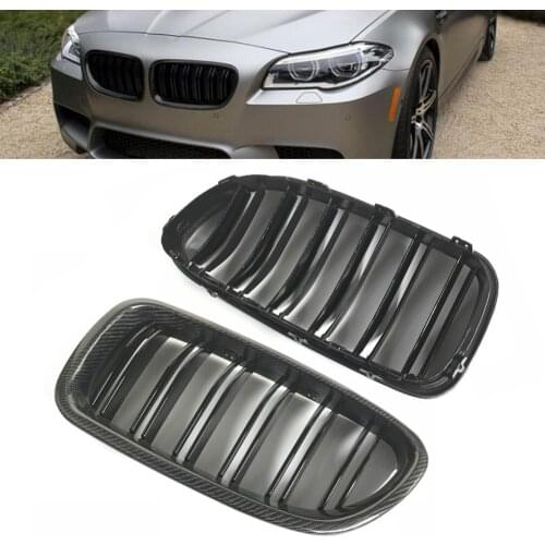 2Pcs Front Grilles Double Dual Slat Grill For BMW 5-Series F10 Sedan & F11 Touring 2010 2011 2012 2013 2014 2015 2016 ABS Carbon