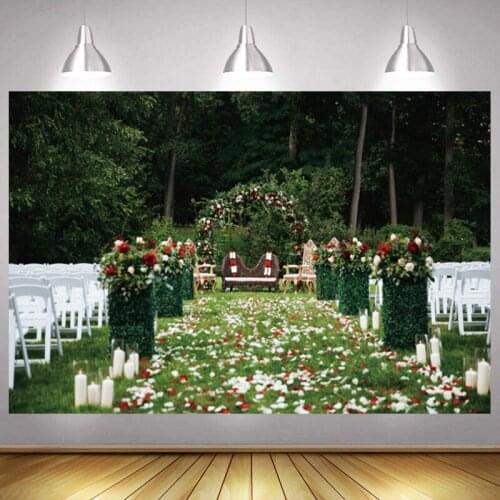 Romantics Rose Flowers Wedding Photography Backdrop Green Grass Tree Wedding Engagement Party Outdoor Photo Background Studio