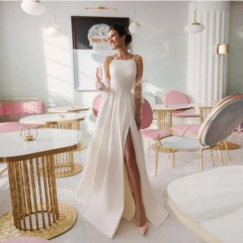 Chic Simple Wedding Dresses with High Slit Thinner Straps Sleeveless A-line Bridal Gown Robe De Mariee
