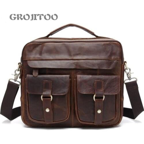 GROJITOO Mad horse leather mens bag business computer handbag mens briefcase bag for man genuine leather shoulder bag