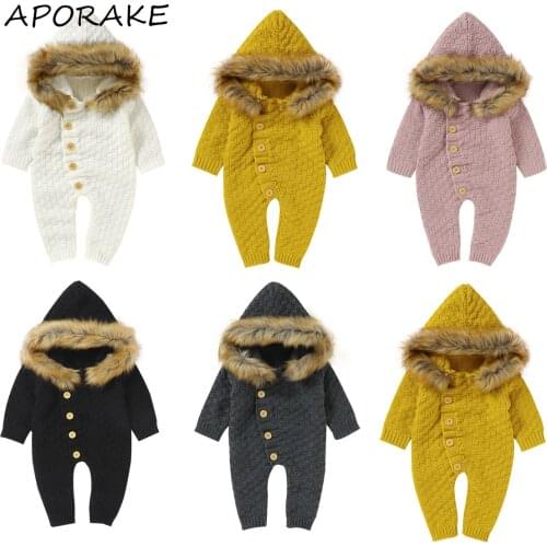 2021 3-24M Infant Baby Boy Girl Romper Winter Fall Solid Color Knitted Big Button Fly Fur Hooded Long Sleeve Jumpsuit Sweater