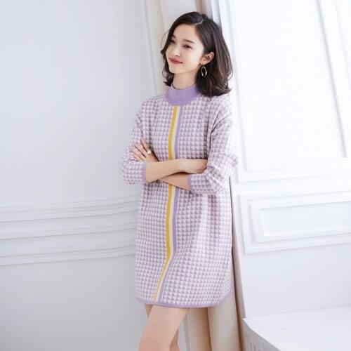 Spring Autumn Ladies Fashion Plaid Sweater Dress Pullovers Lady Slim Sweater Dress Long Sleeve High Quality