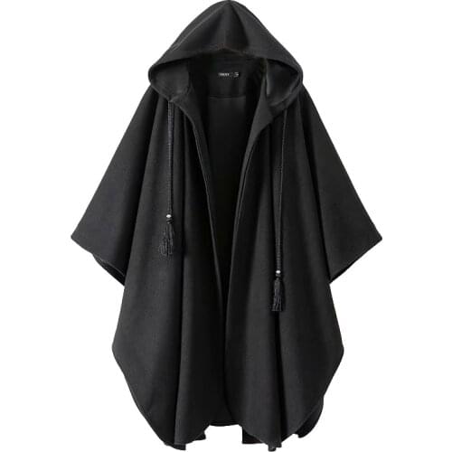 Vintage Gothic Black Hooded Cape Poncho Women Loose Cloak Ponchos Coat Cardigan Trench Open Fringe Hooded Wraps Capas Autumn