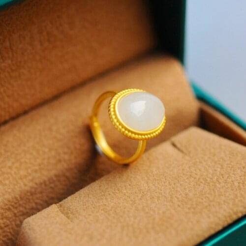 Vintage Ancient Method S925 Sterling Silver Inlaid Natural Hotan White Jade Open Ring Female Jewelry