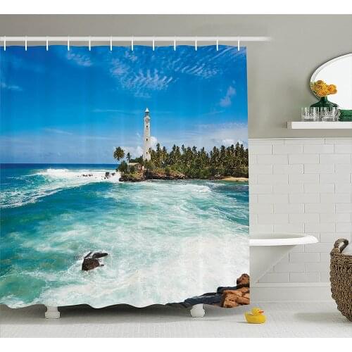 Lighthouse Shower Curtain Tropical Island Lighthouse with Palm Trees Rocks Wavy Seaside Beach Ocean Waterproof Bath Curtains